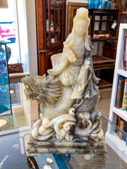 Vintage 20th Century Carved Soapstone Chinese Guan Yin Dragon Sculpture