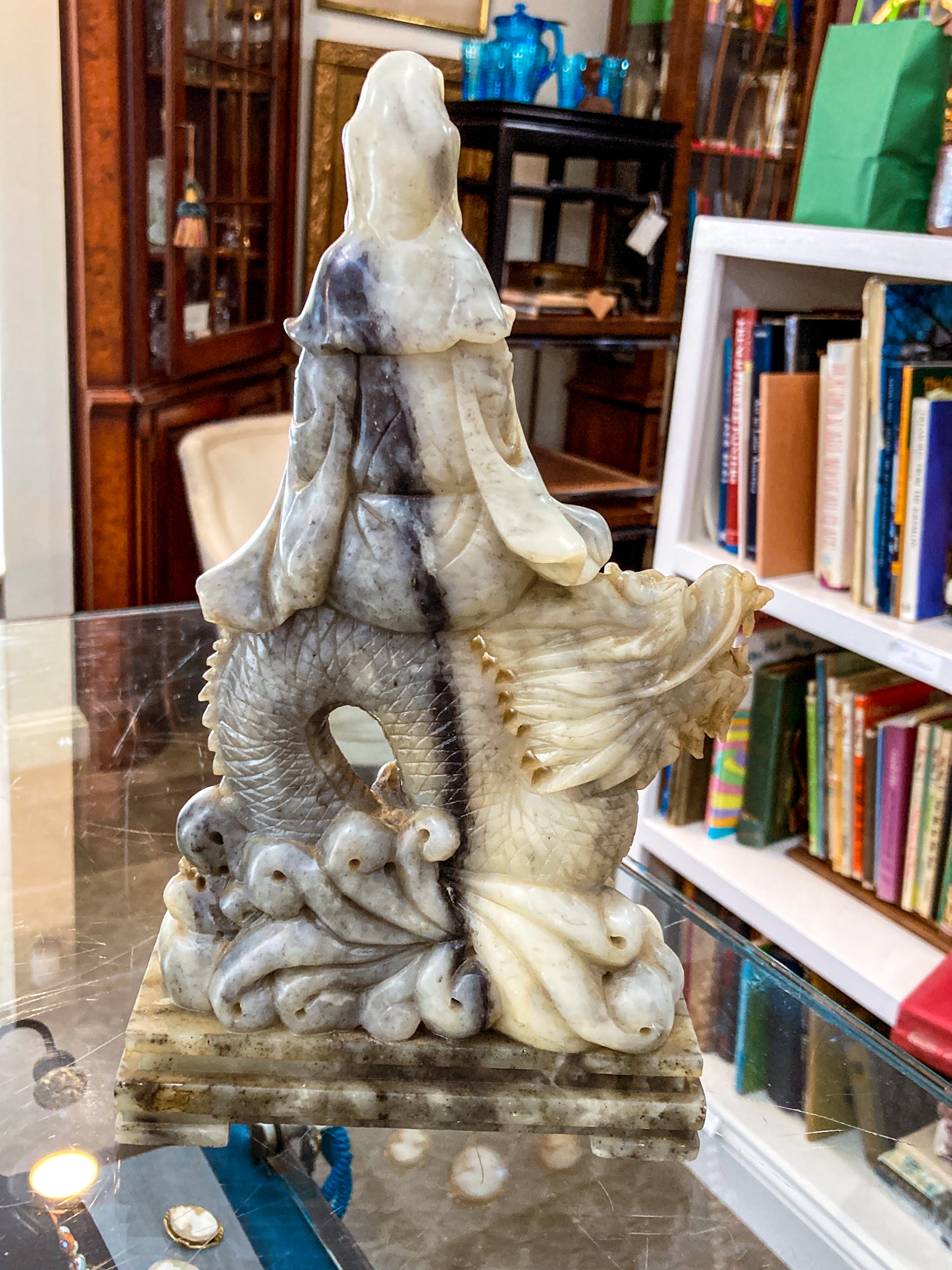 Vintage 20th Century Carved Soapstone Chinese Guan Yin Dragon Sculpture