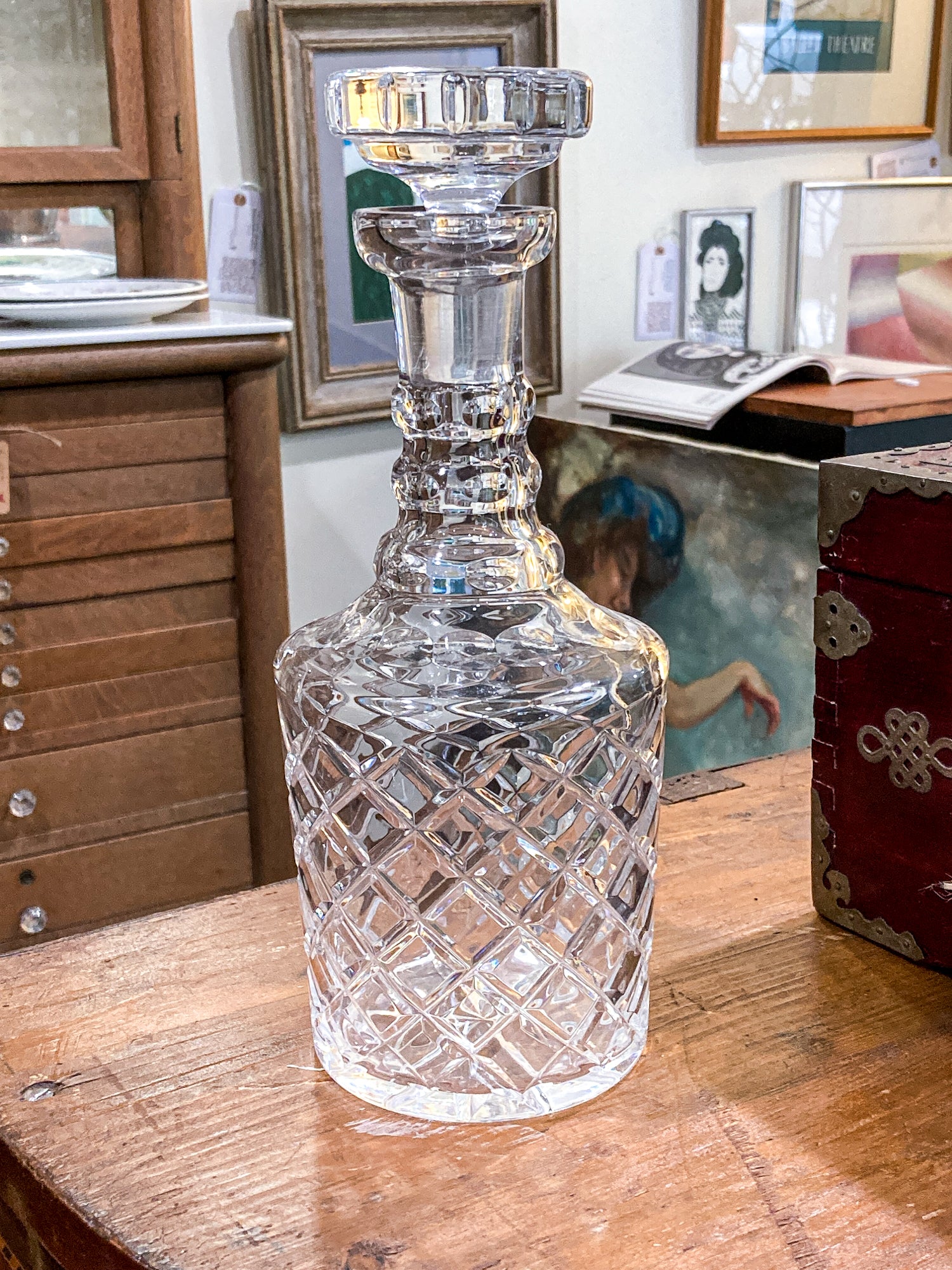 Vintage 20th Century Tall Clear Cut Crystal Decanter Barware
