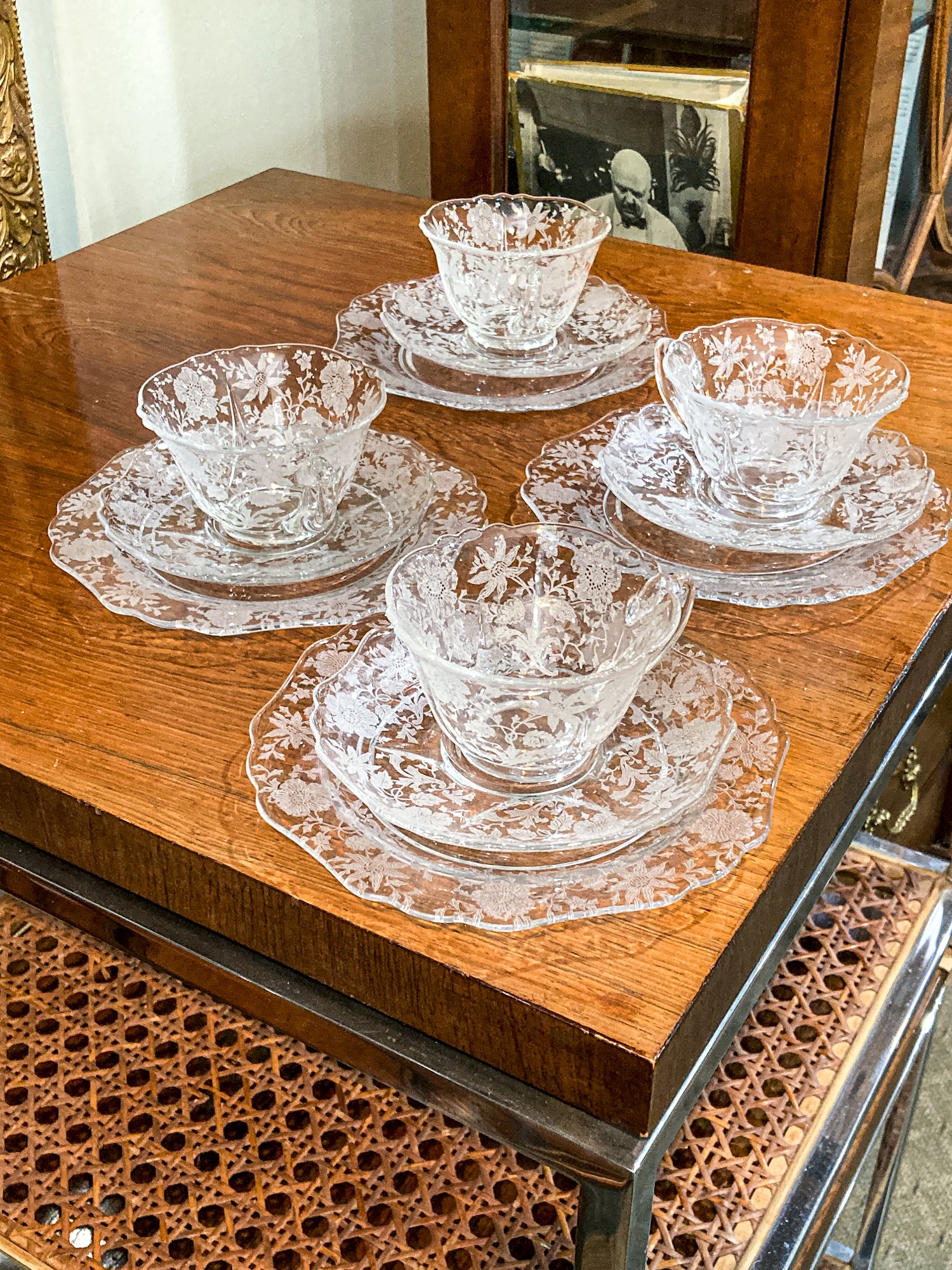 Vintage 3-Piece Four Settings Cambridge Wildflower Etched Glass Cup Saucer Plate Set