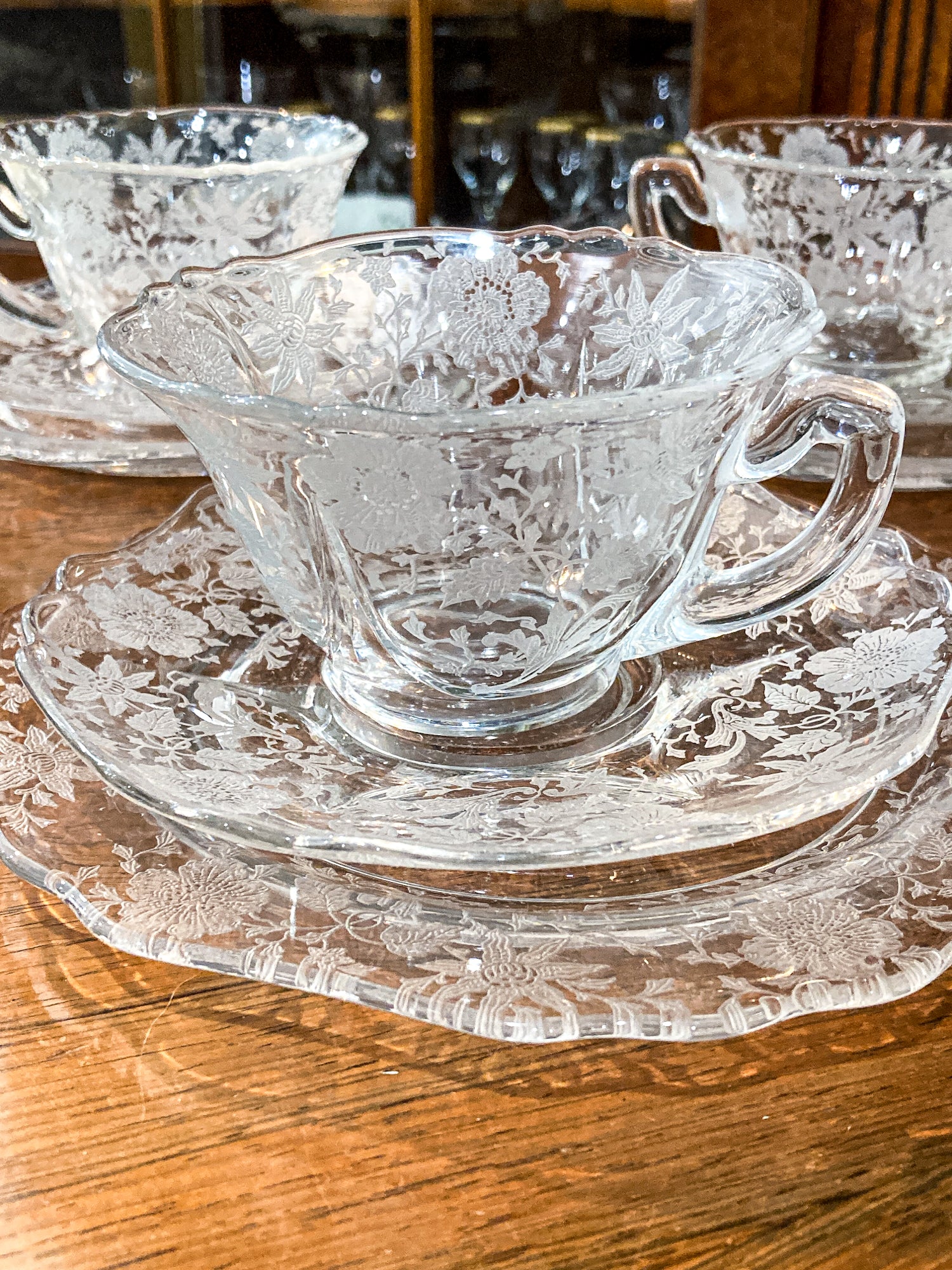 Vintage 3-Piece Four Settings Cambridge Wildflower Etched Glass Cup Saucer Plate Set