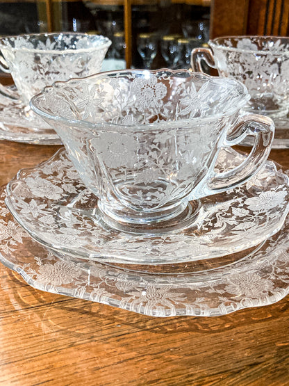 Vintage 3-Piece Four Settings Cambridge Wildflower Etched Glass Cup Saucer Plate Set