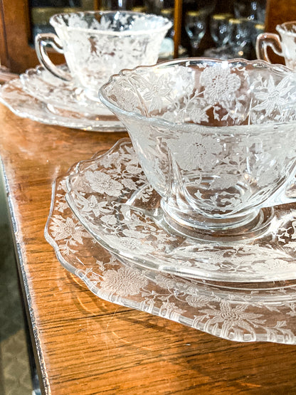 Vintage 3-Piece Four Settings Cambridge Wildflower Etched Glass Cup Saucer Plate Set