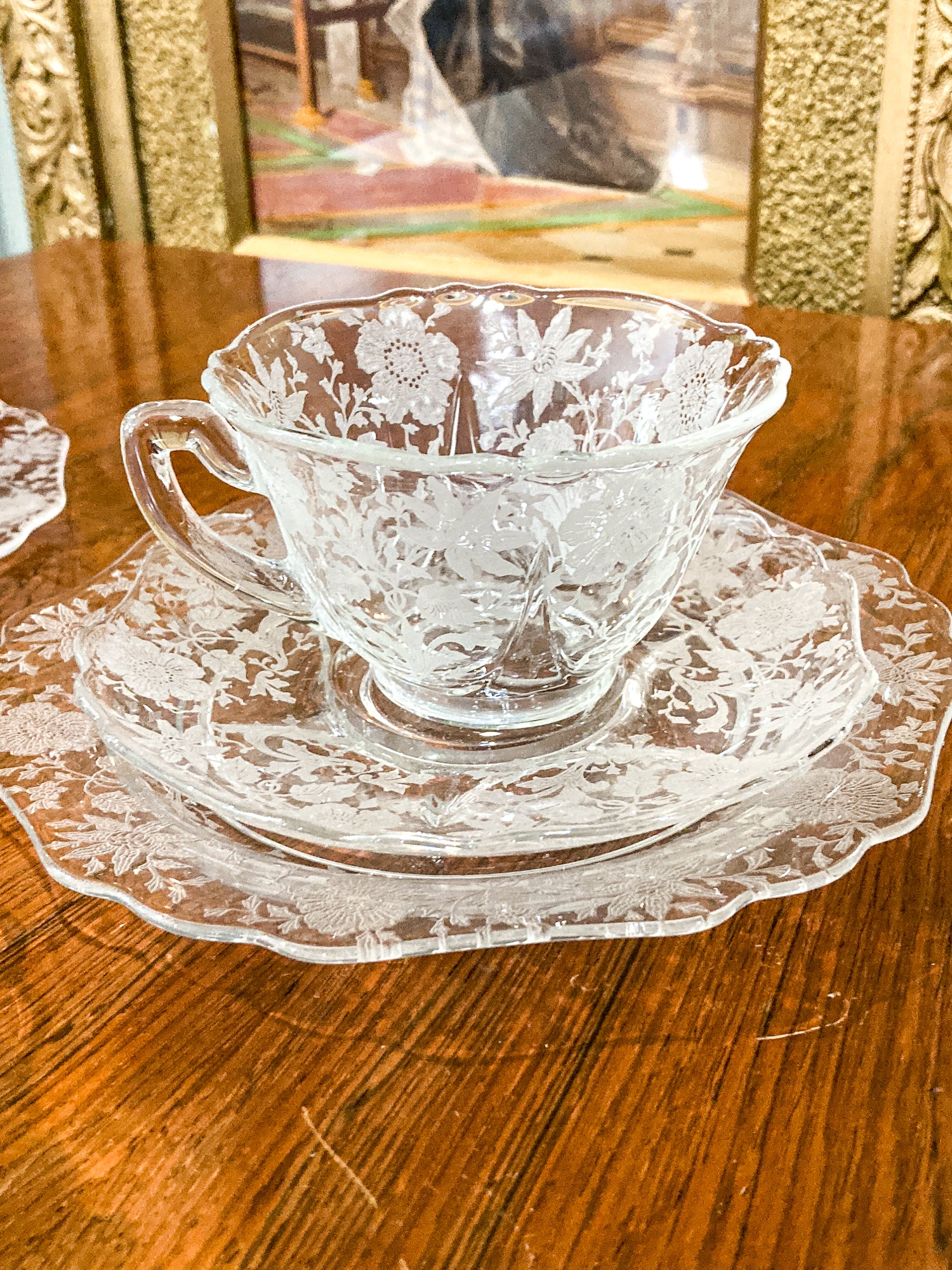 Vintage 3-Piece Four Settings Cambridge Wildflower Etched Glass Cup Saucer Plate Set