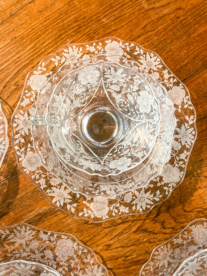 Vintage 3-Piece Four Settings Cambridge Wildflower Etched Glass Cup Saucer Plate Set