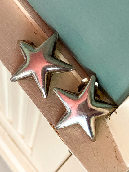 Vintage 925 Sterling Silver Dimensional Bubble Star Clip On Earrings