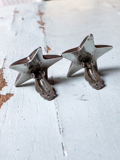 Vintage 925 Sterling Silver Dimensional Bubble Star Clip On Earrings