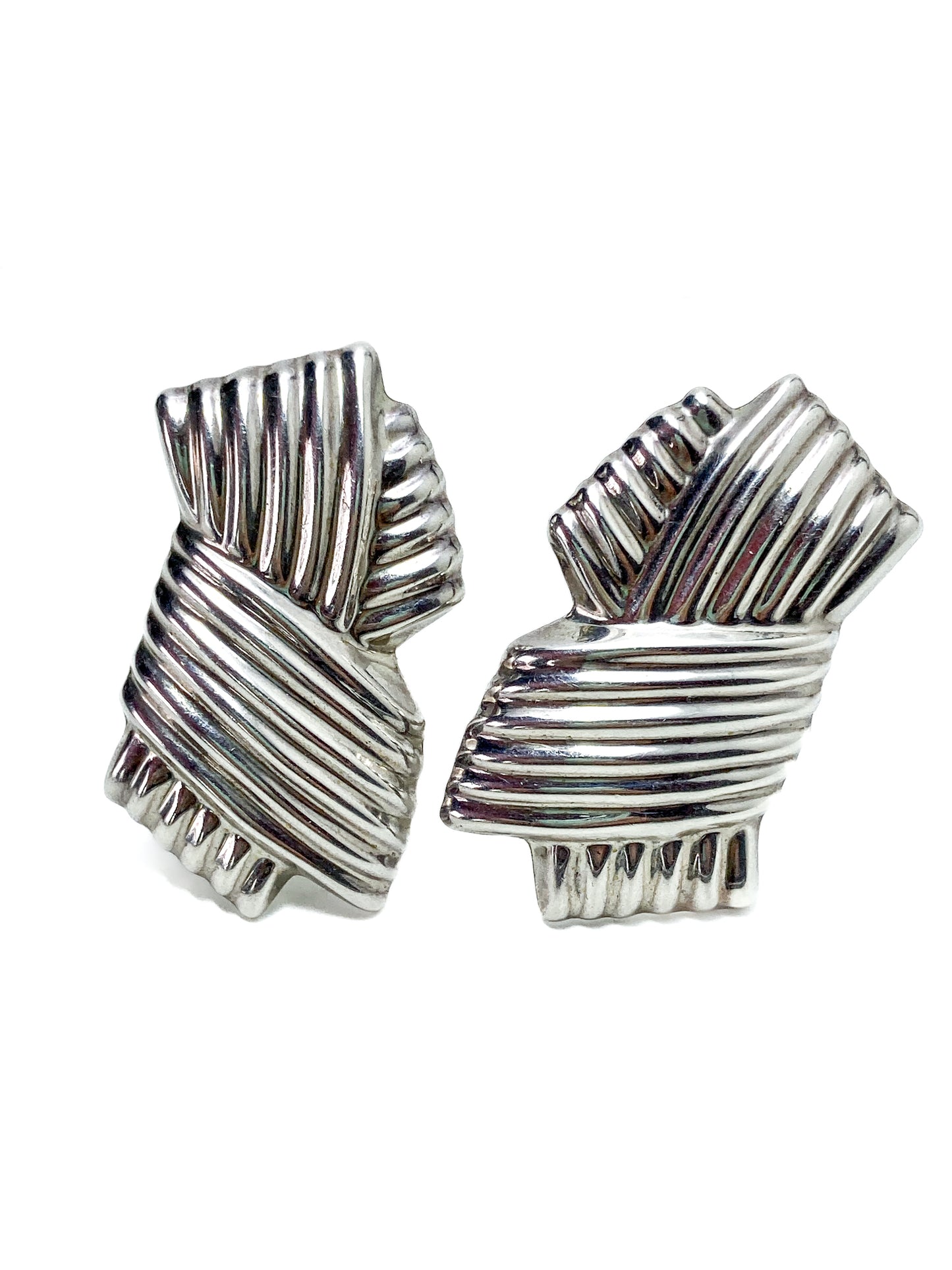 Vintage Large Mexico 925 Sterling Silver Geometric Statement Clip On Earrings
