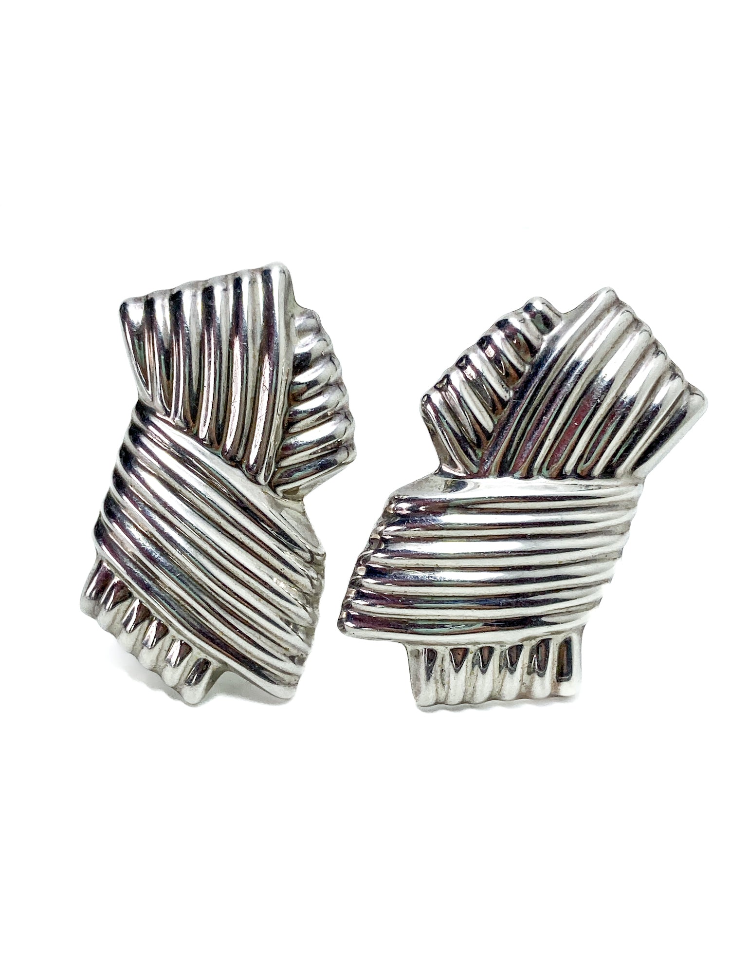 Vintage Large Mexico 925 Sterling Silver Geometric Statement Clip On Earrings