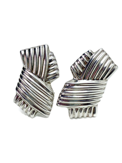 Vintage Large Mexico 925 Sterling Silver Geometric Statement Clip On Earrings