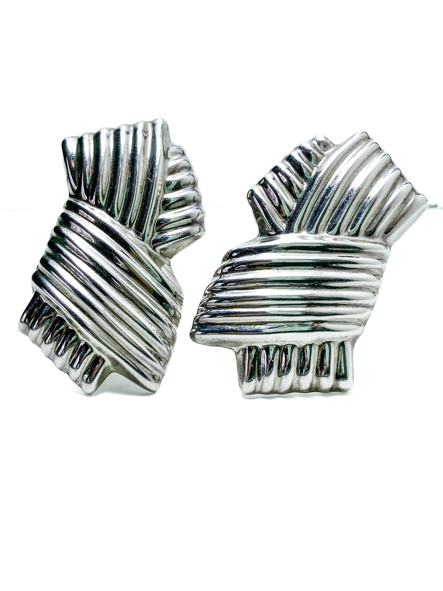 Vintage Large Mexico 925 Sterling Silver Geometric Statement Clip On Earrings