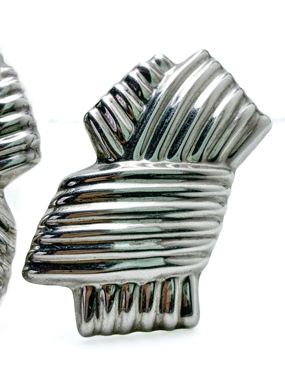 Vintage Large Mexico 925 Sterling Silver Geometric Statement Clip On Earrings