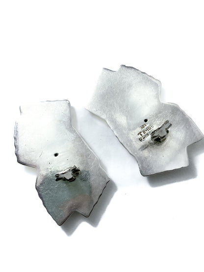 Vintage Large Mexico 925 Sterling Silver Geometric Statement Clip On Earrings