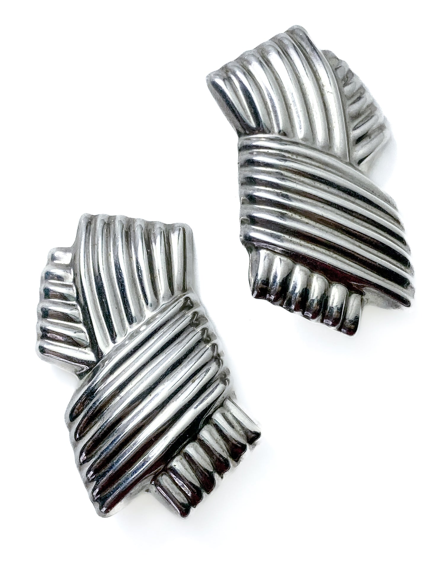 Vintage Large Mexico 925 Sterling Silver Geometric Statement Clip On Earrings