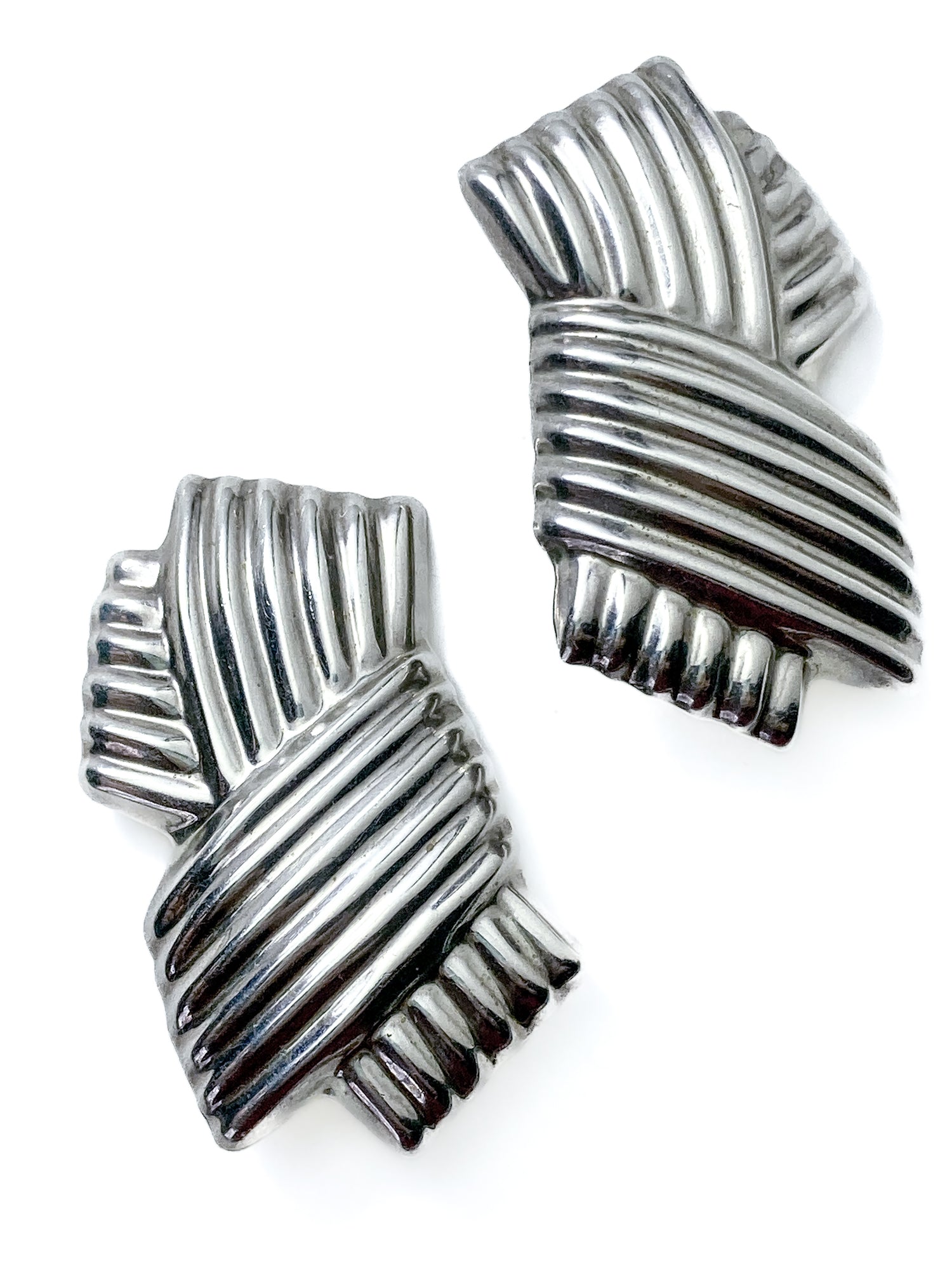 Vintage Large Mexico 925 Sterling Silver Geometric Statement Clip On Earrings