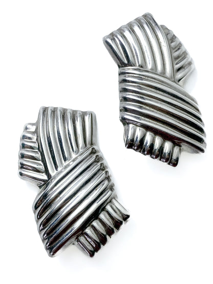 Vintage Large Mexico 925 Sterling Silver Geometric Statement Clip On Earrings