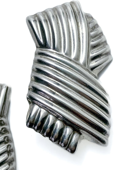 Vintage Large Mexico 925 Sterling Silver Geometric Statement Clip On Earrings