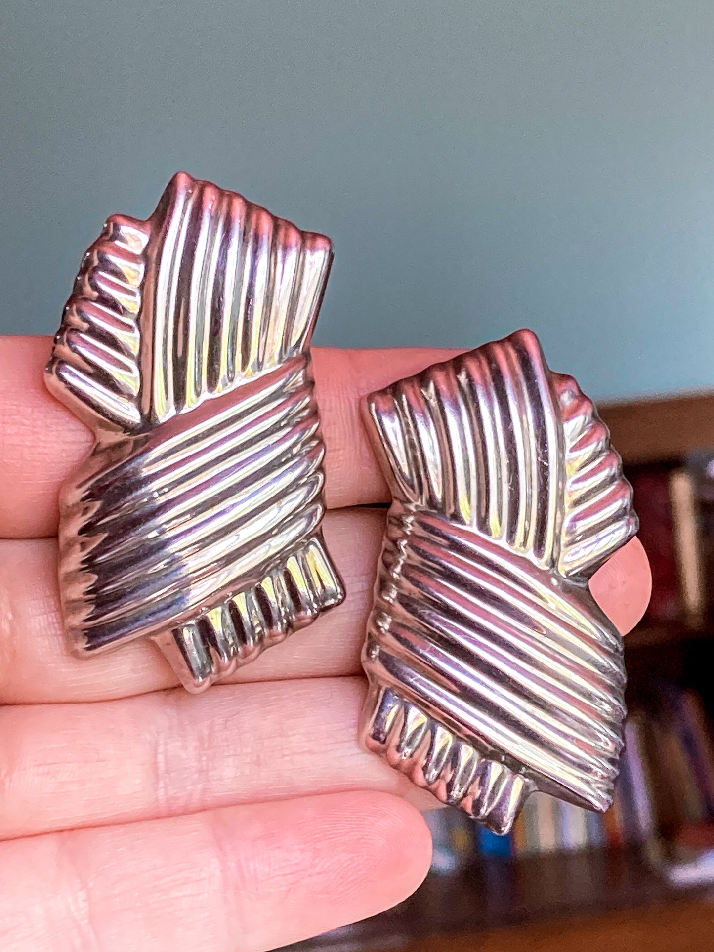 Vintage Large Mexico 925 Sterling Silver Geometric Statement Clip On Earrings