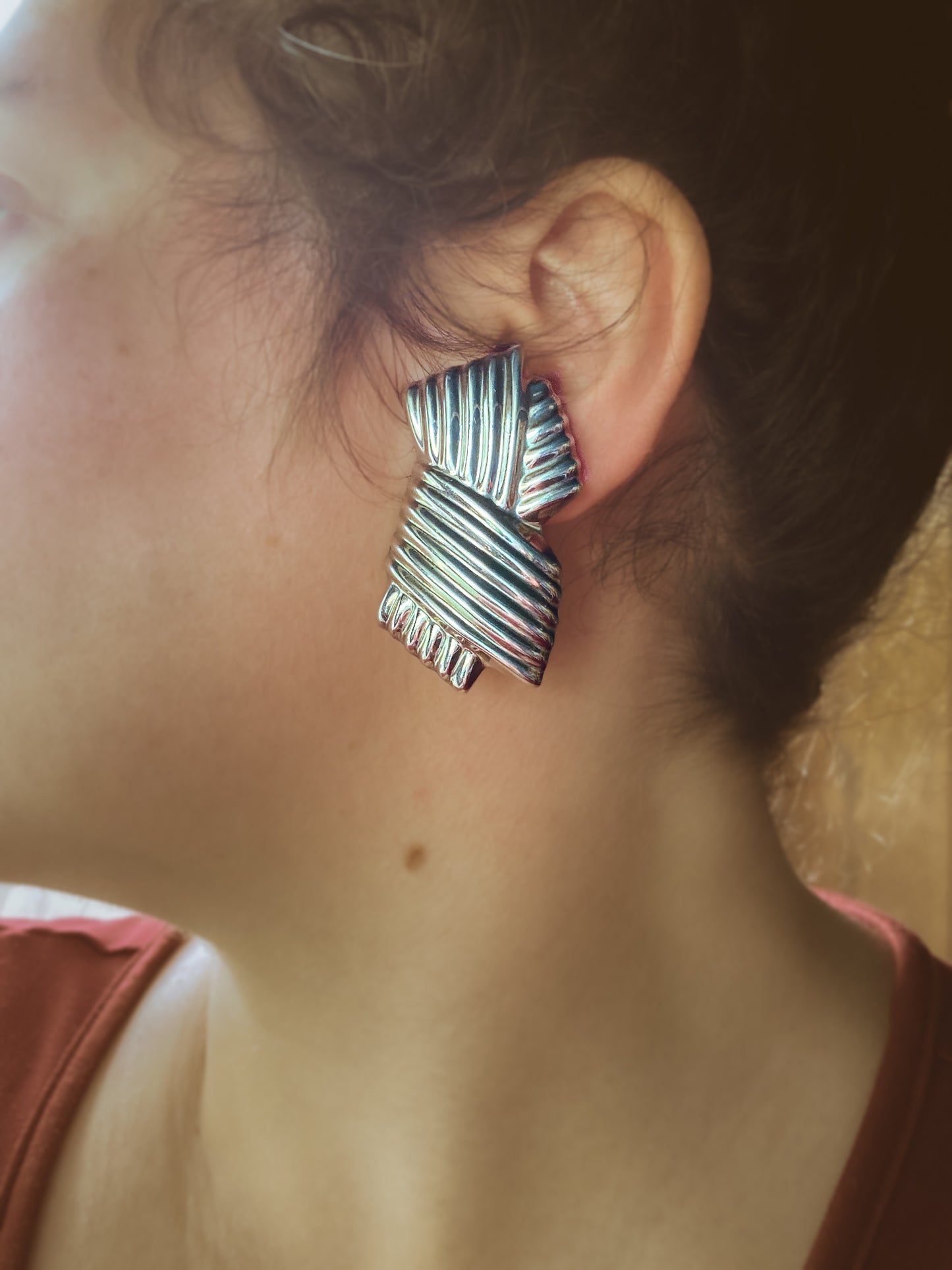 Vintage Large Mexico 925 Sterling Silver Geometric Statement Clip On Earrings
