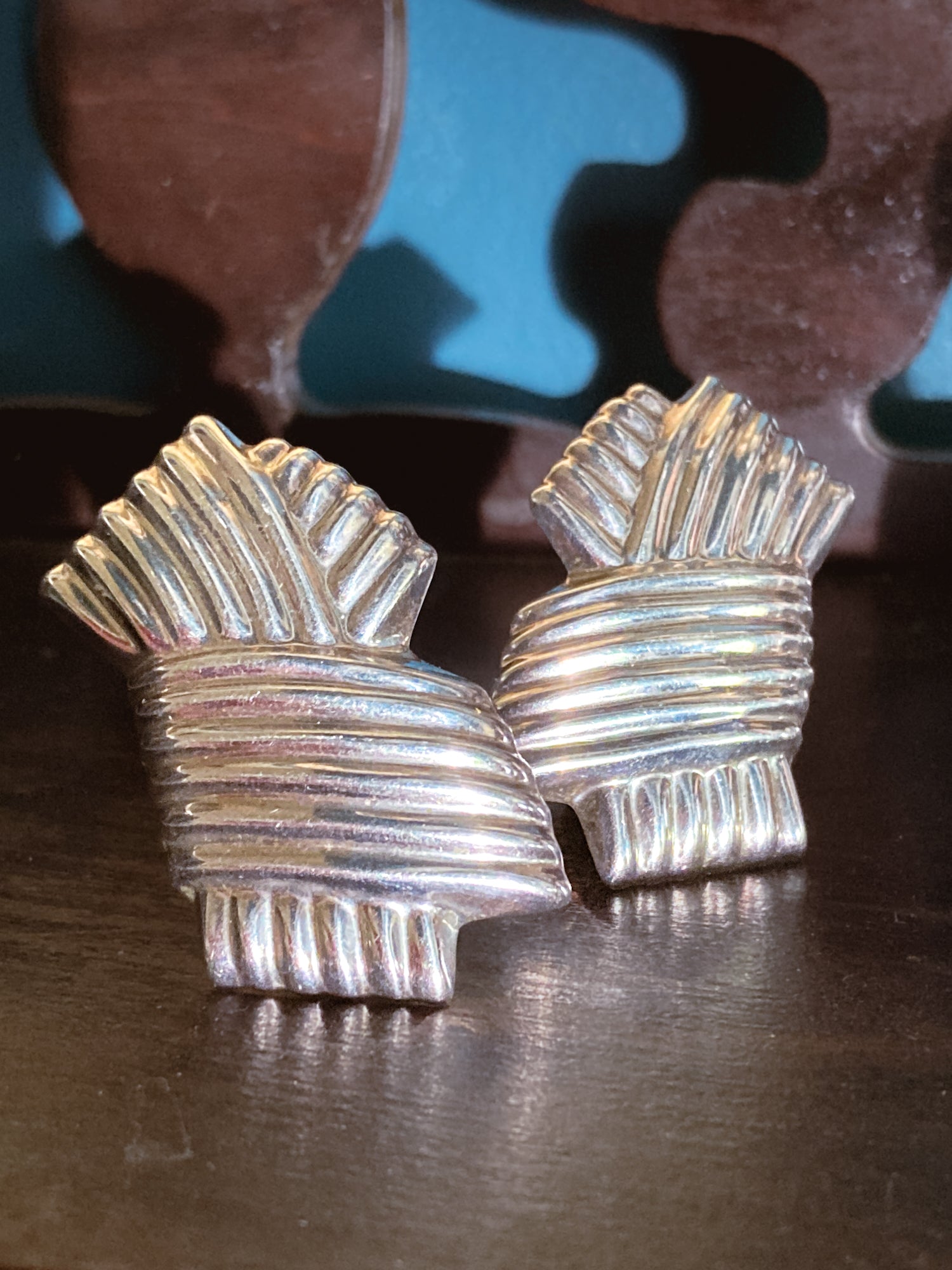 Vintage Large Mexico 925 Sterling Silver Geometric Statement Clip On Earrings
