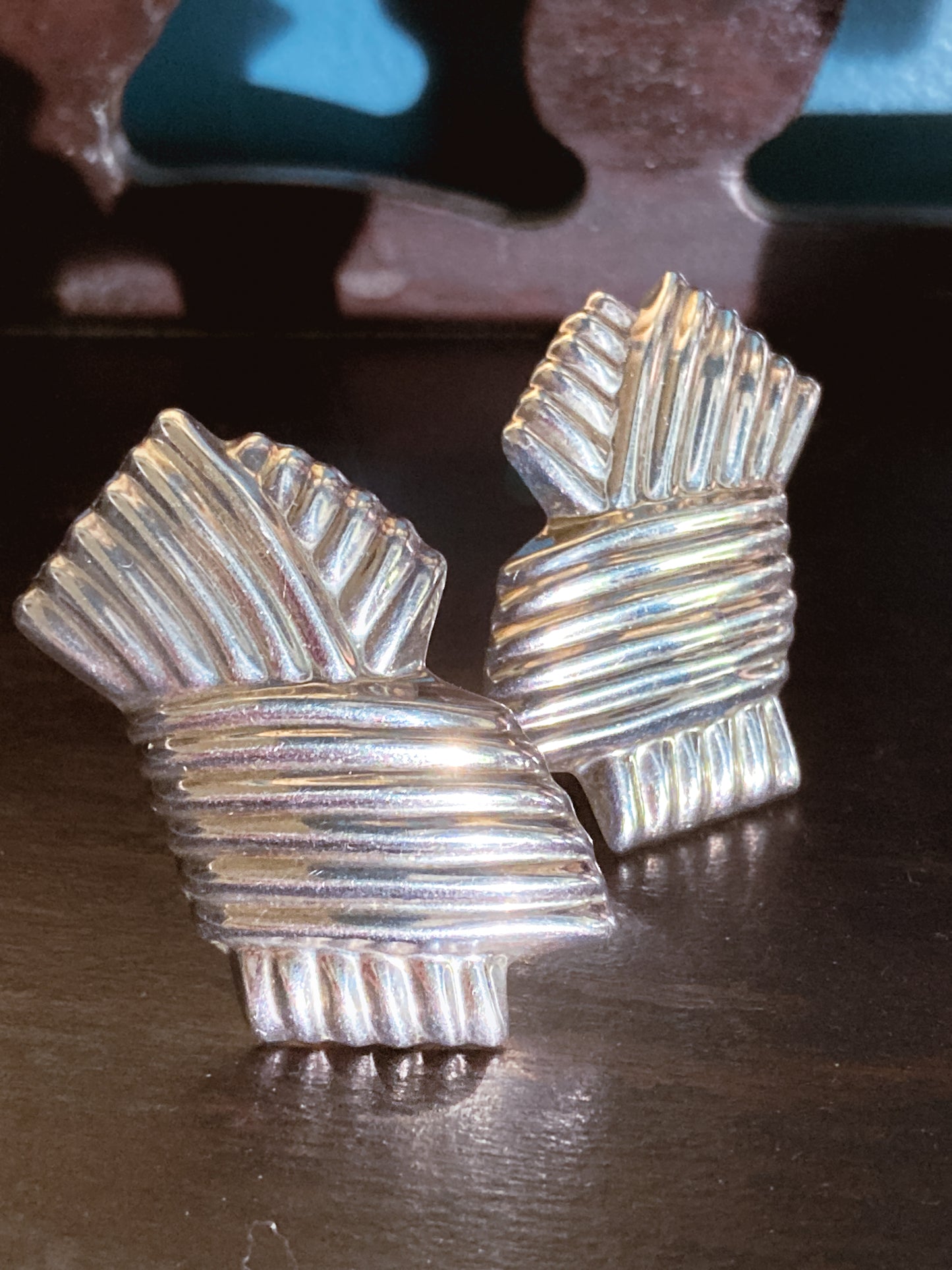 Vintage Large Mexico 925 Sterling Silver Geometric Statement Clip On Earrings