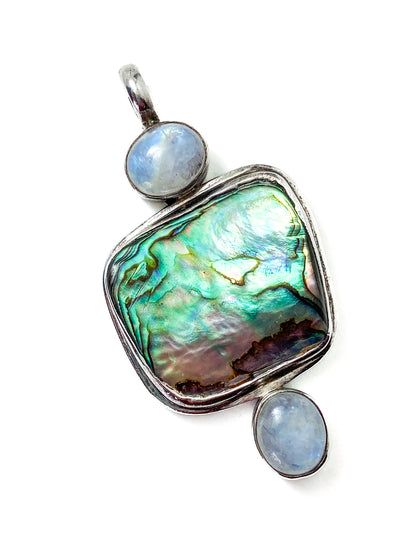 Vintage 925 Sterling Silver Abalone Shell Double Moonstone Pendant