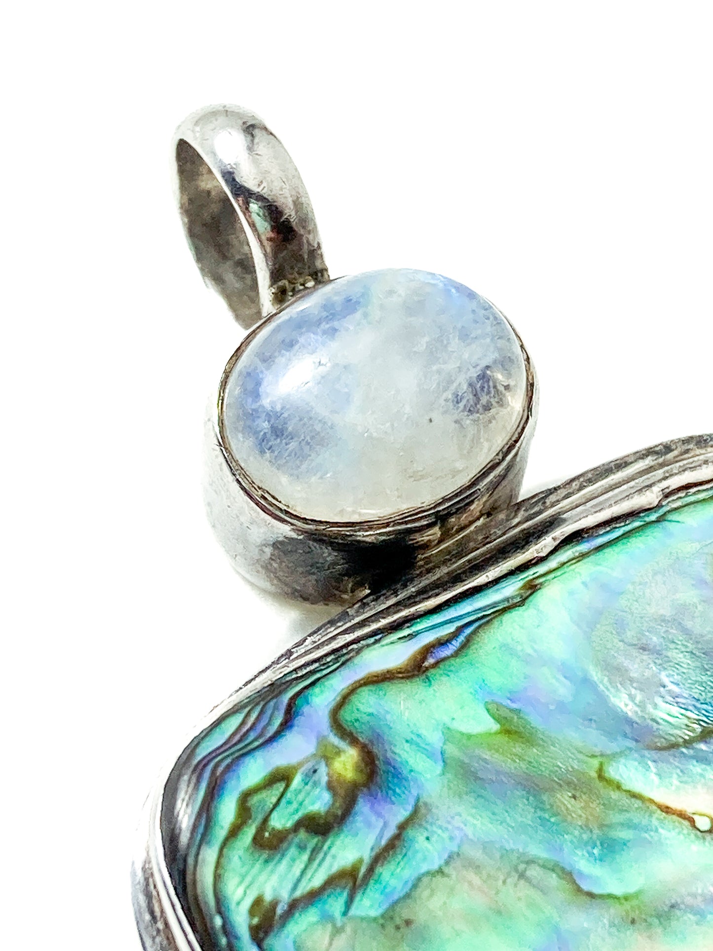 Vintage 925 Sterling Silver Abalone Shell Double Moonstone Pendant
