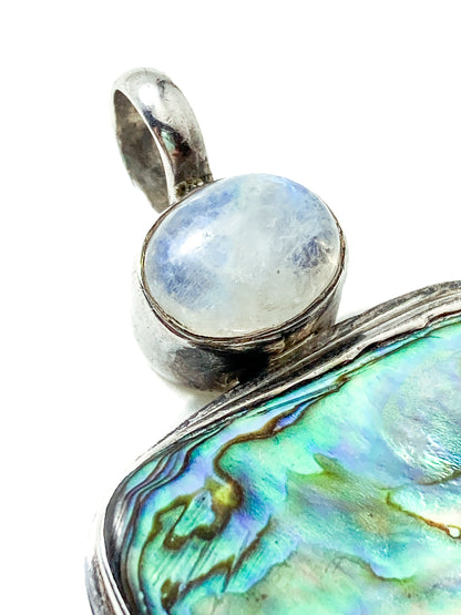 Vintage 925 Sterling Silver Abalone Shell Double Moonstone Pendant