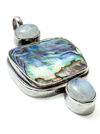 Vintage 925 Sterling Silver Abalone Shell Double Moonstone Pendant