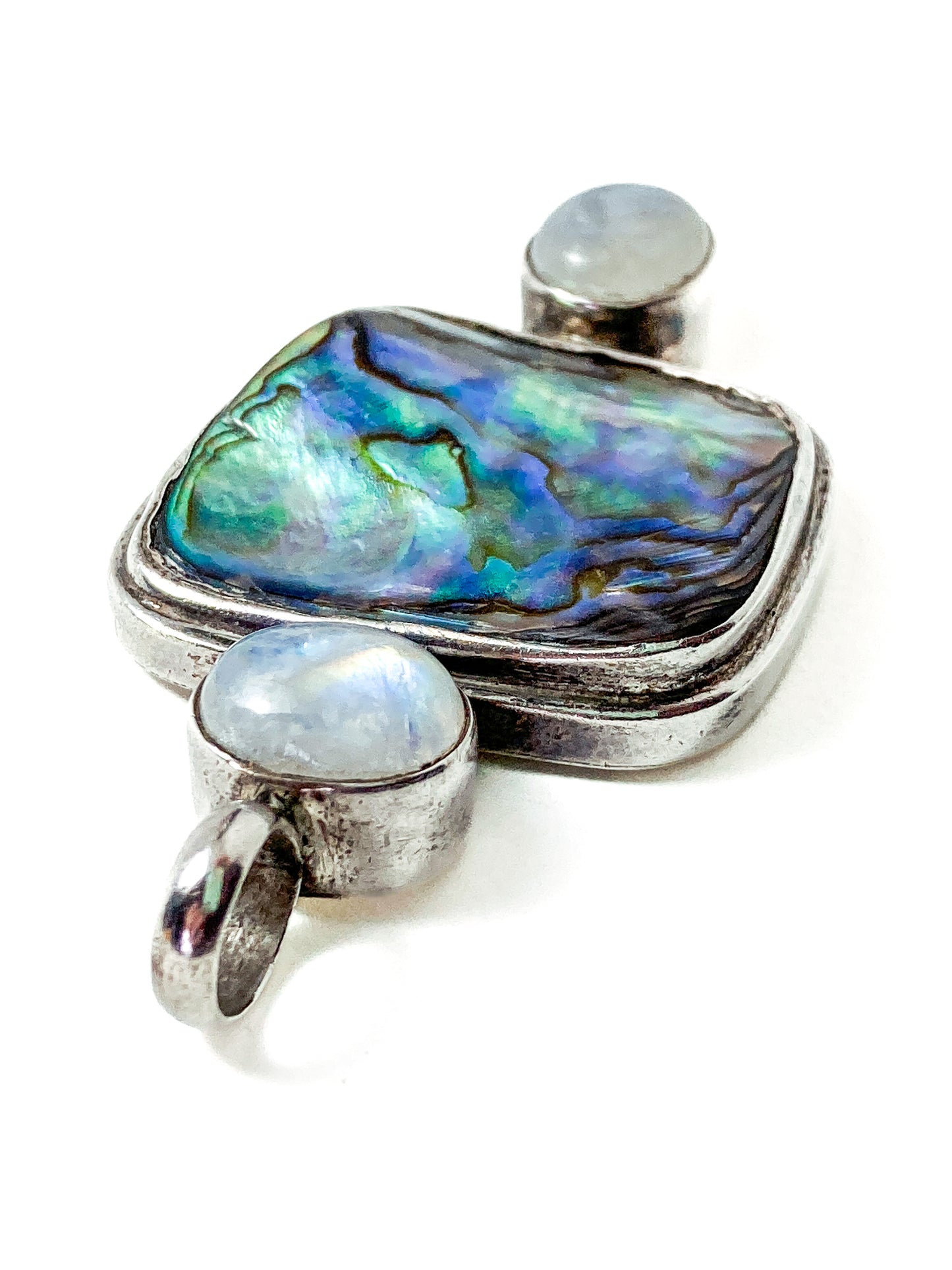 Vintage 925 Sterling Silver Abalone Shell Double Moonstone Pendant