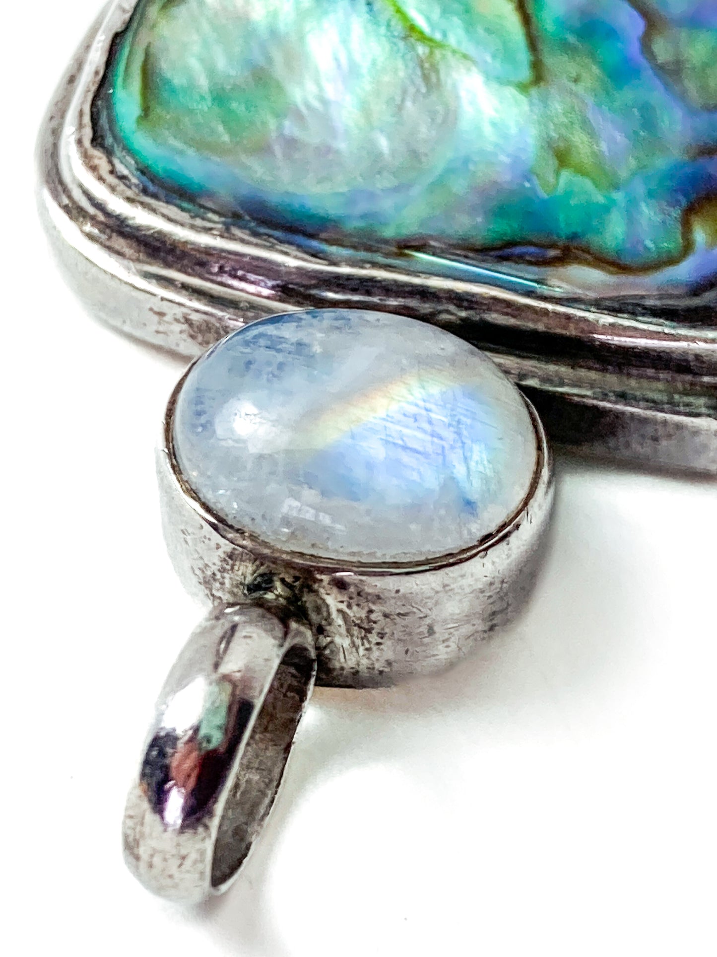 Vintage 925 Sterling Silver Abalone Shell Double Moonstone Pendant