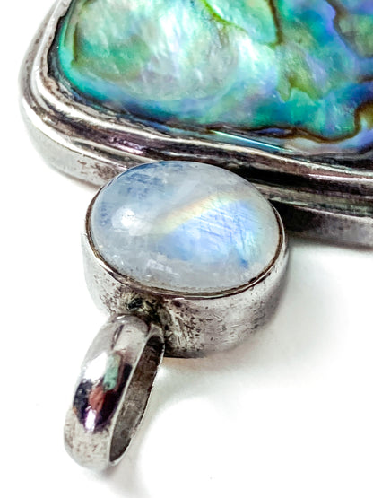 Vintage 925 Sterling Silver Abalone Shell Double Moonstone Pendant