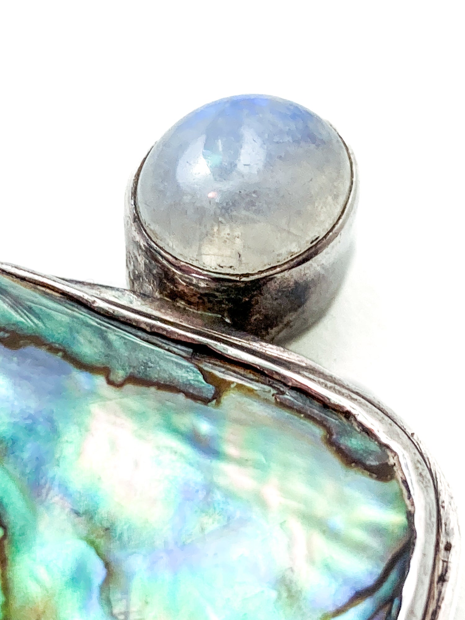 Vintage 925 Sterling Silver Abalone Shell Double Moonstone Pendant