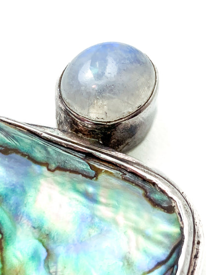 Vintage 925 Sterling Silver Abalone Shell Double Moonstone Pendant