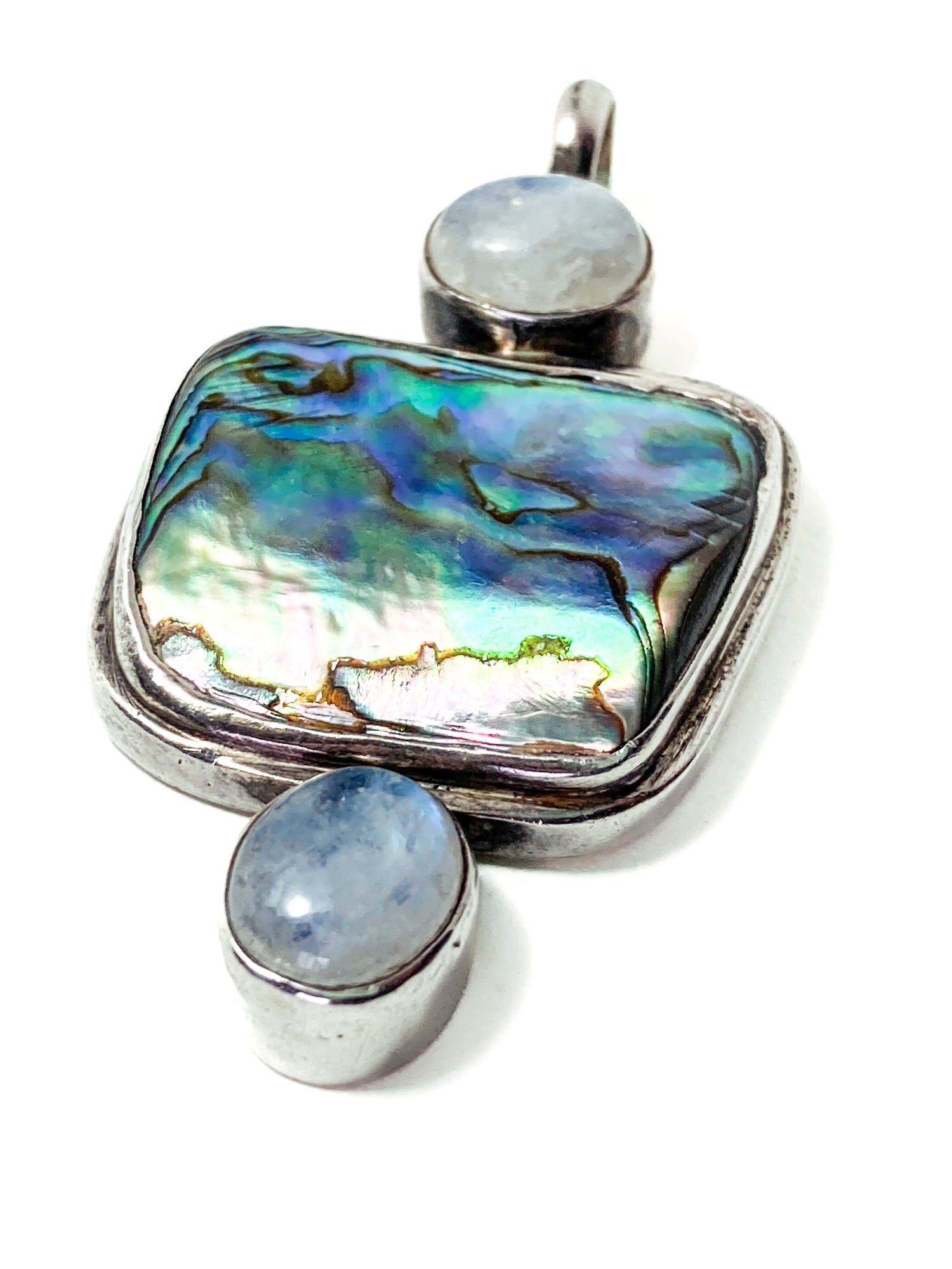 Vintage 925 Sterling Silver Abalone Shell Double Moonstone Pendant