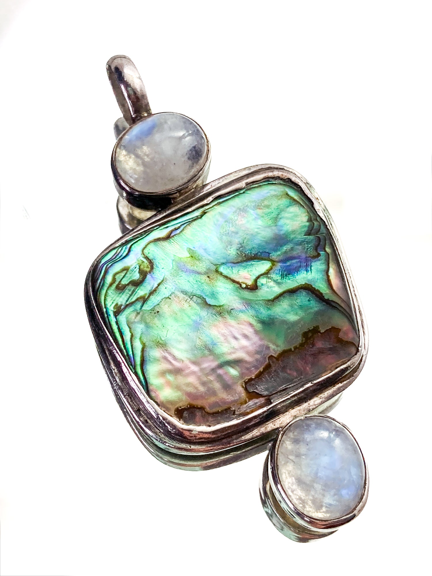 Vintage 925 Sterling Silver Abalone Shell Double Moonstone Pendant