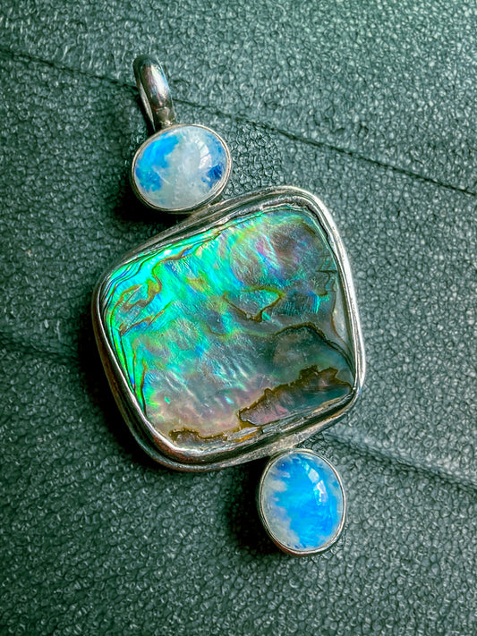 Vintage 925 Sterling Silver Abalone Shell Double Moonstone Pendant