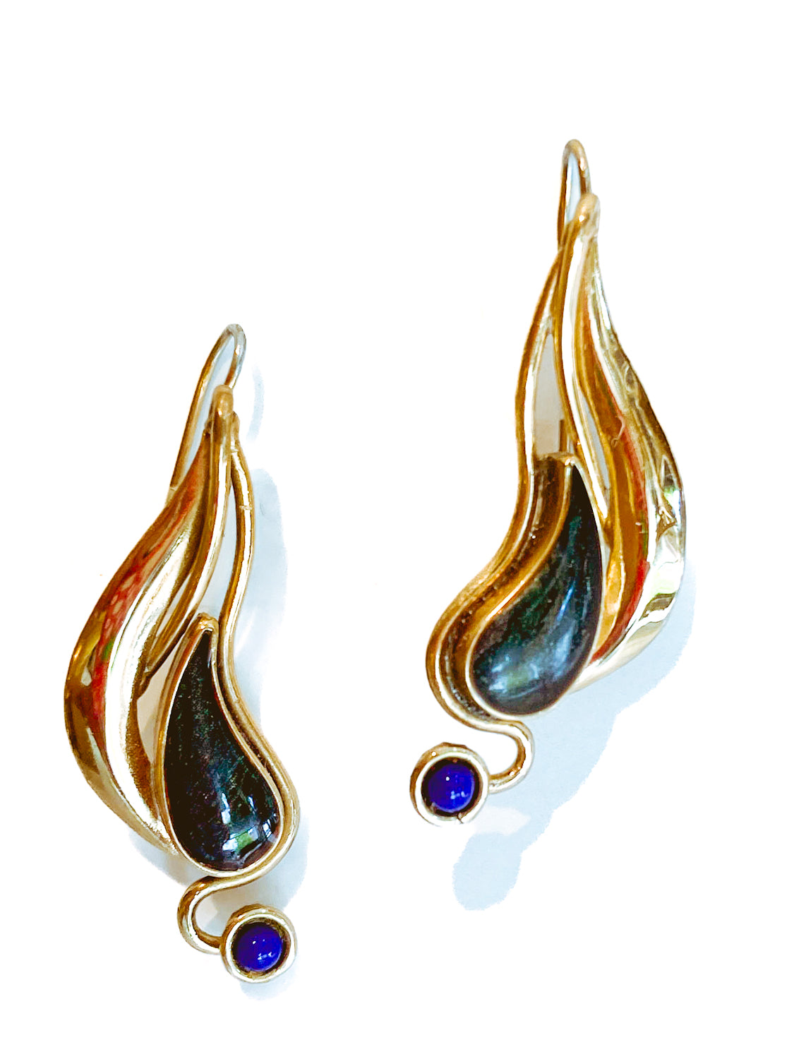 Vintage Abstract Gold Silver Tear Drop Green Blue Accent Drop Earrings 3