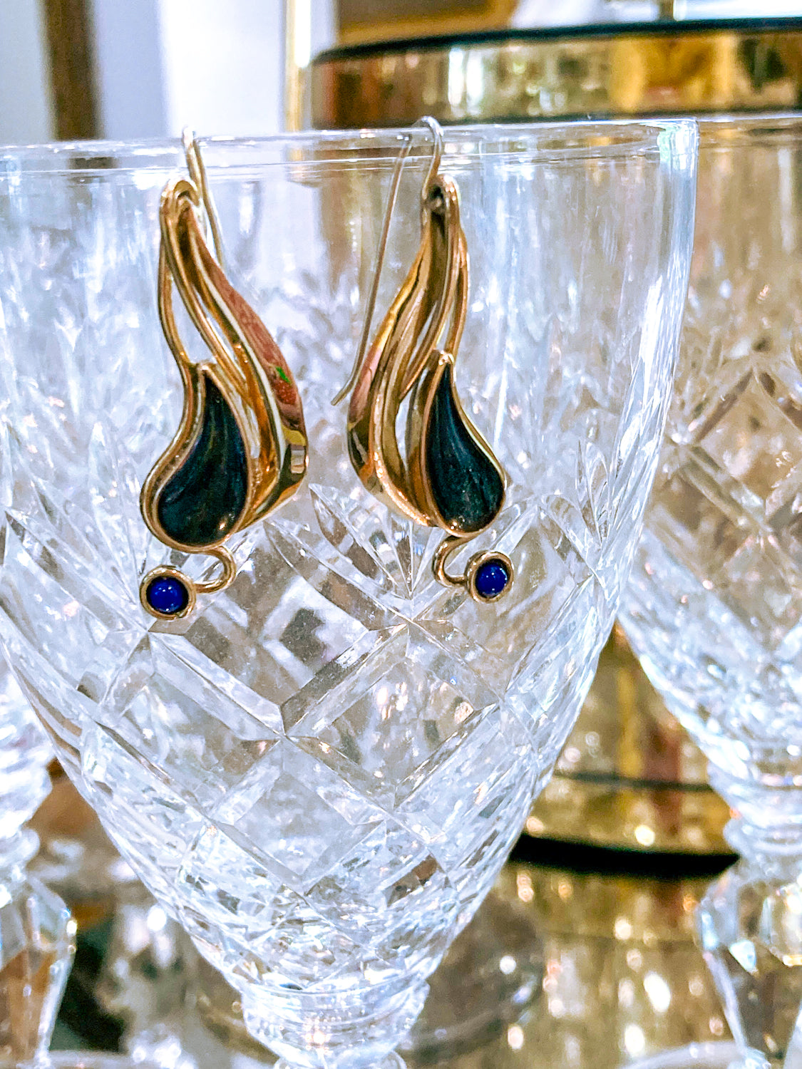 Vintage Abstract Gold Silver Tear Drop Green Blue Accent Drop Earrings