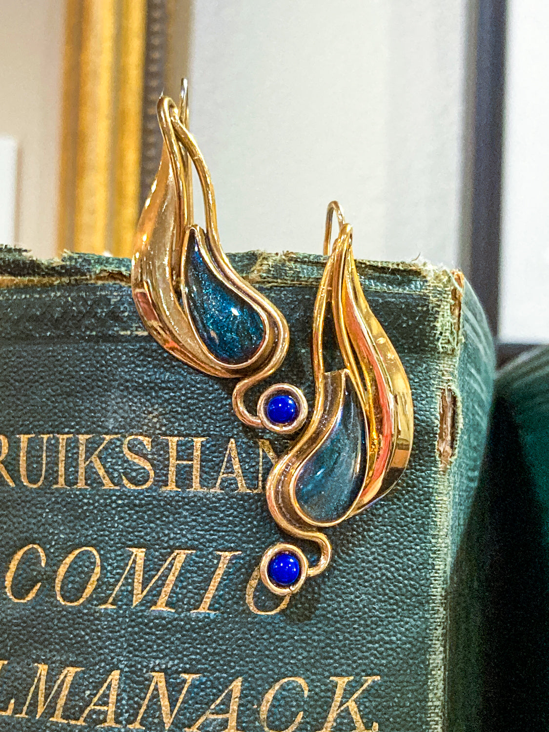 Vintage Abstract Gold Silver Tear Drop Green Blue Accent Drop Earrings