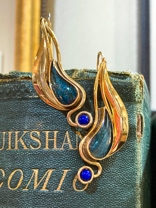 Vintage Abstract Gold Silver Tear Drop Green Blue Accent Drop Earrings
