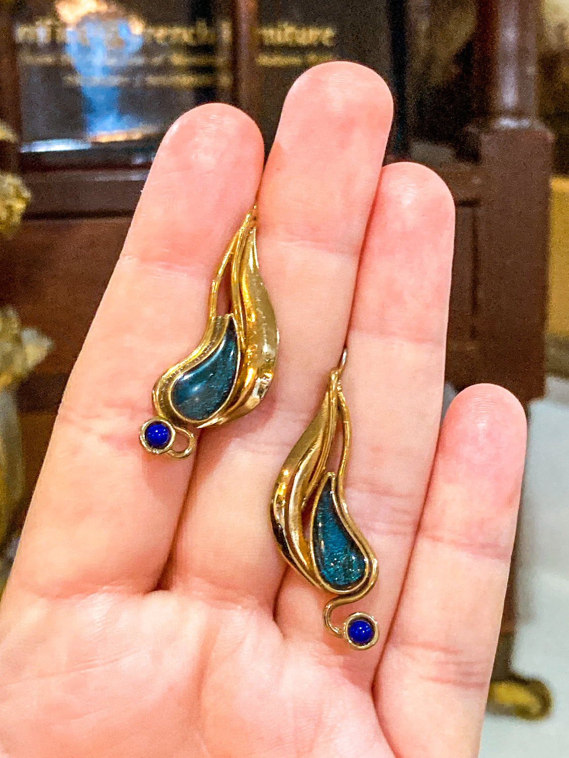 Vintage Abstract Gold Silver Tear Drop Green Blue Accent Drop Earrings