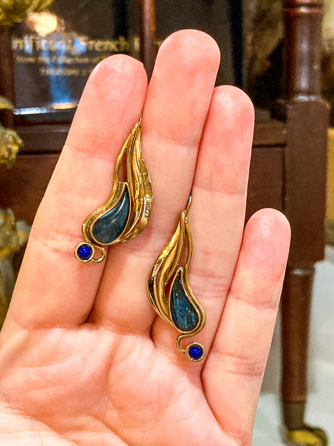 Vintage Abstract Gold Silver Tear Drop Green Blue Accent Drop Earrings