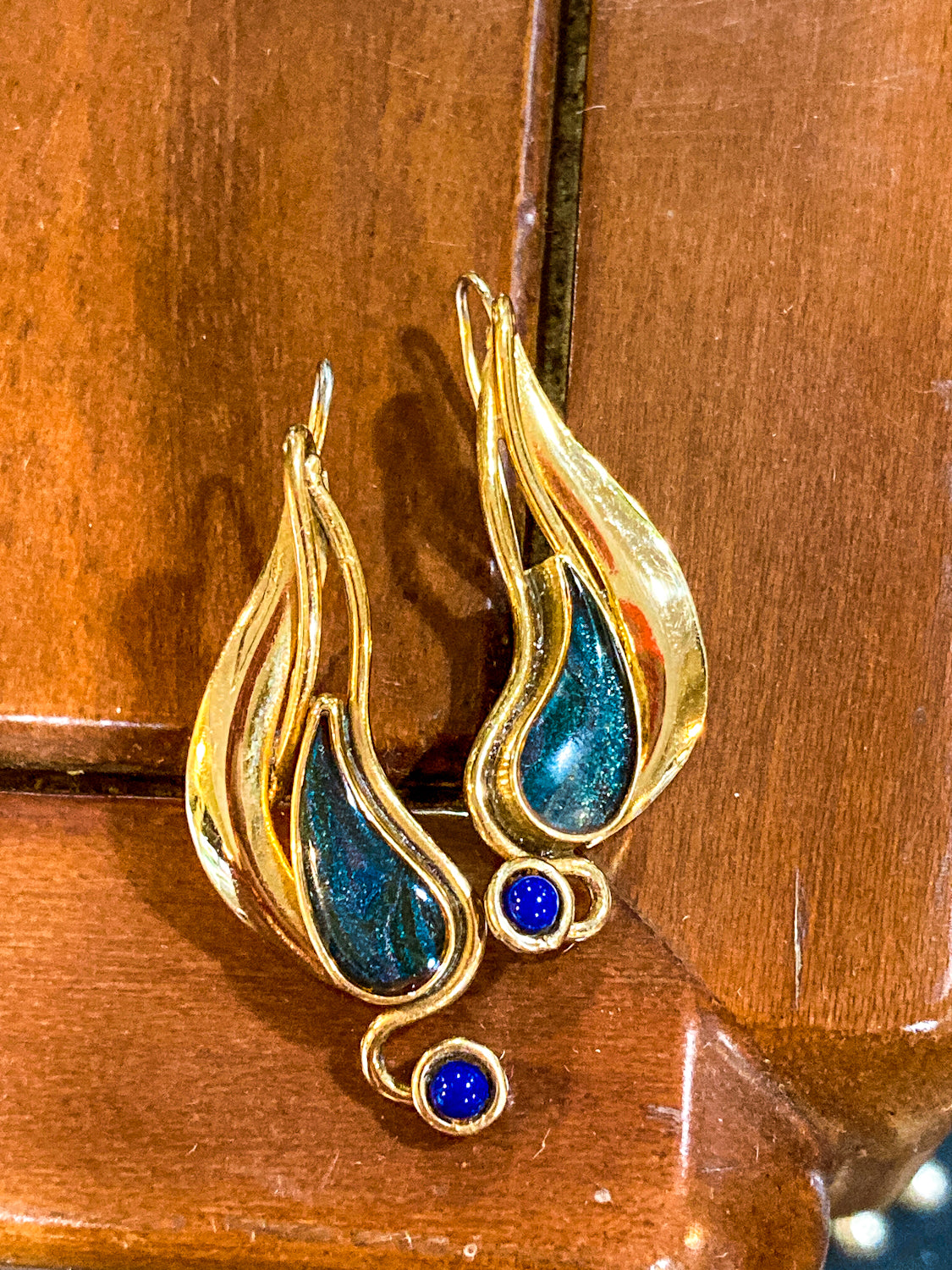 Vintage Abstract Gold Silver Tear Drop Green Blue Accent Drop Earrings