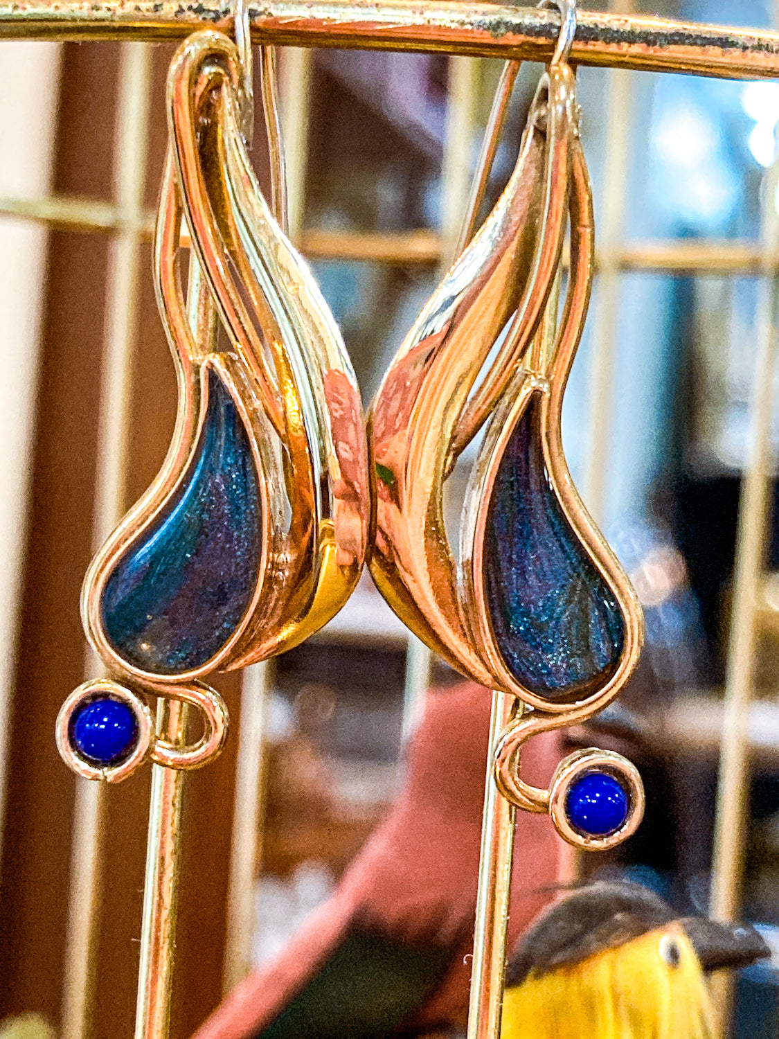 Vintage Abstract Gold Silver Tear Drop Green Blue Accent Drop Earrings