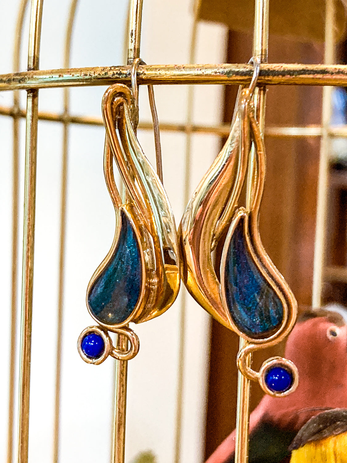 Vintage Abstract Gold Silver Tear Drop Green Blue Accent Drop Earrings