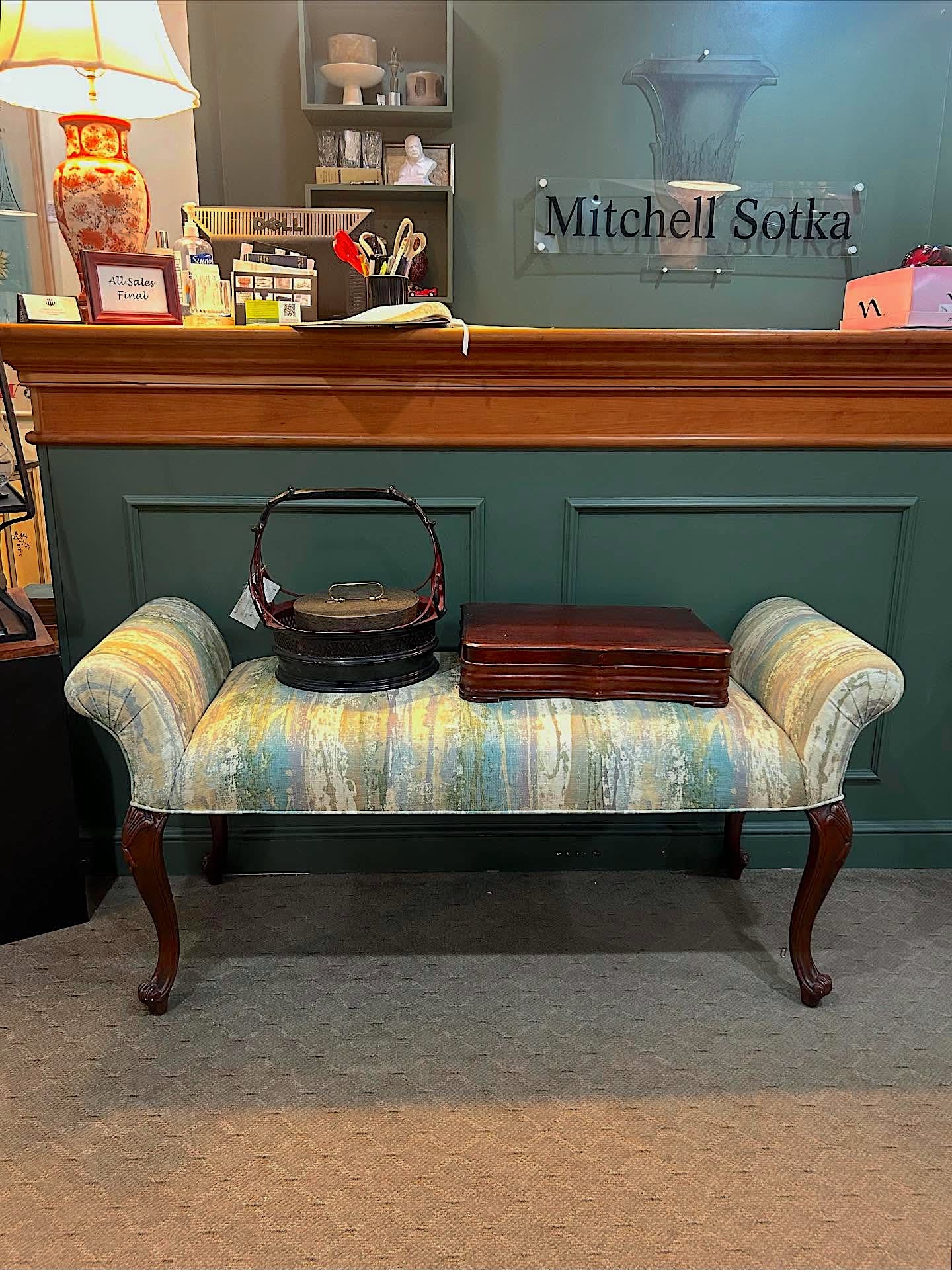 Vintage Abstract Green Blue Upholstered Carved Wood Leg Knee Bench