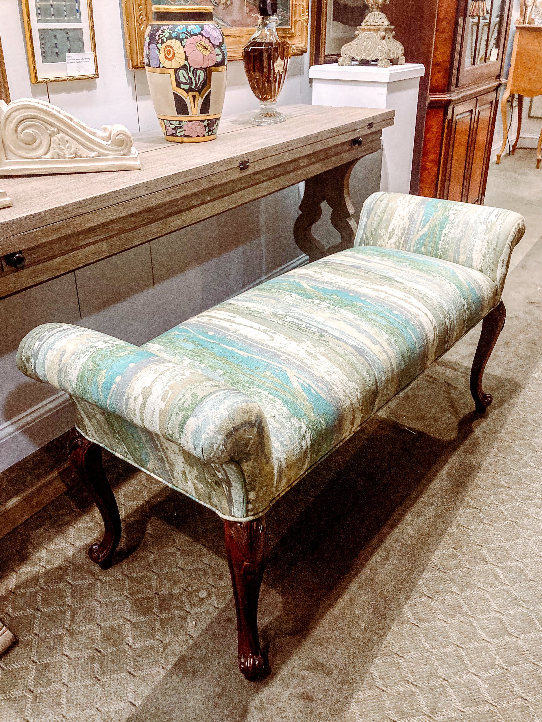 Vintage Abstract Green Blue Upholstered Carved Wood Leg Knee Bench