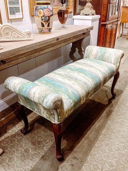 Vintage Abstract Green Blue Upholstered Carved Wood Leg Knee Bench