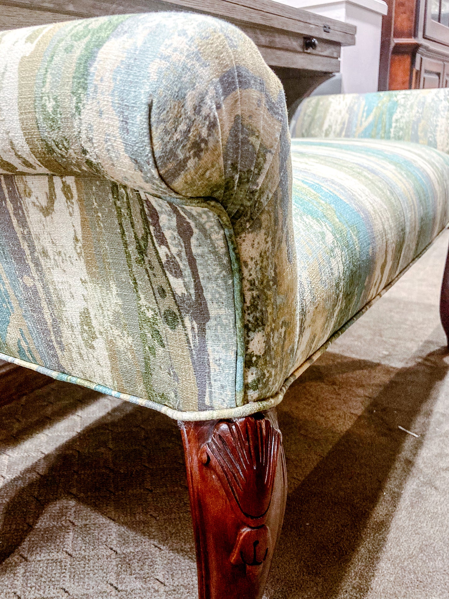 Vintage Abstract Green Blue Upholstered Carved Wood Leg Knee Bench